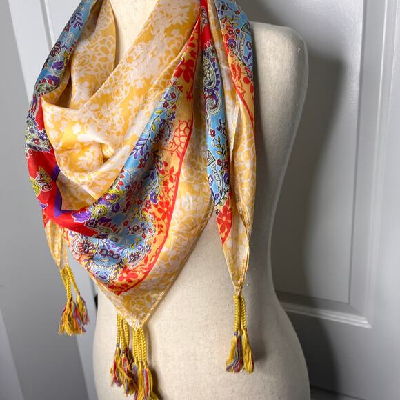 Johnny Was Silk Scarf Tassels Yellow Floral Paisley Border Square Boho 42x42 - Picture 3 of 6